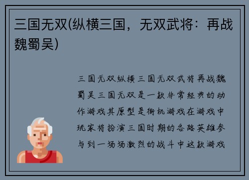 三国无双(纵横三国，无双武将：再战魏蜀吴)