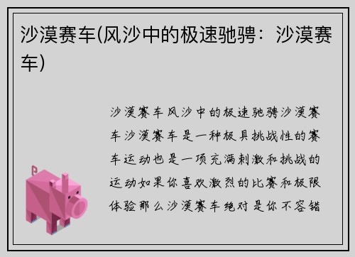 沙漠赛车(风沙中的极速驰骋：沙漠赛车)