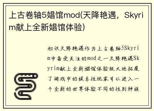 上古卷轴5娼馆mod(天降艳遇，Skyrim献上全新娼馆体验)
